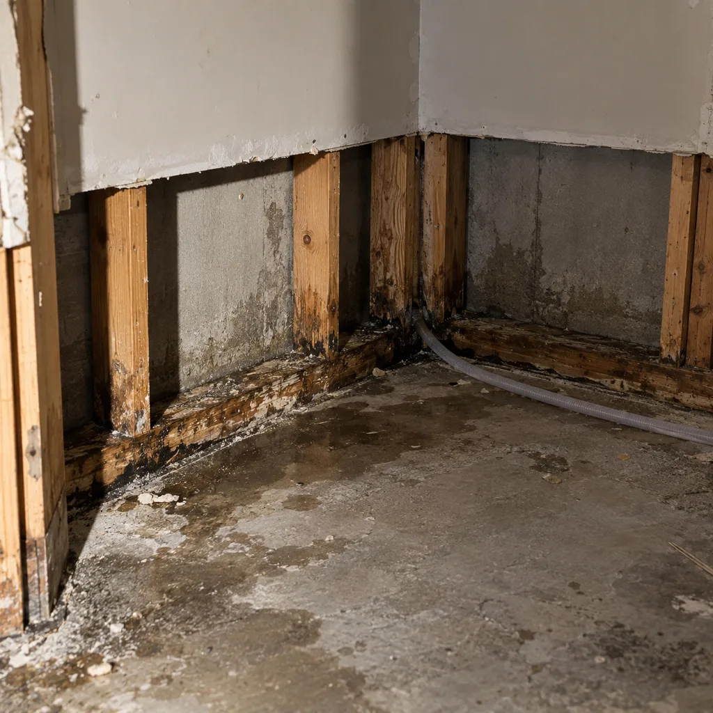 Moisture meter reading drywall near a baseboard while a technician prepares a labeled surface sample kit