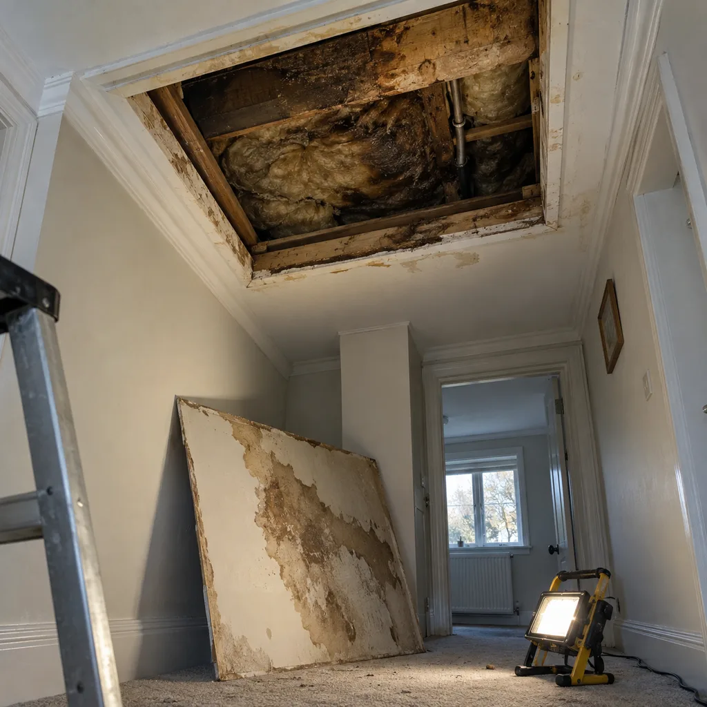 Moisture meter reading on a baseboard and drywall corner with marked measurement points and a dehumidifier nearby